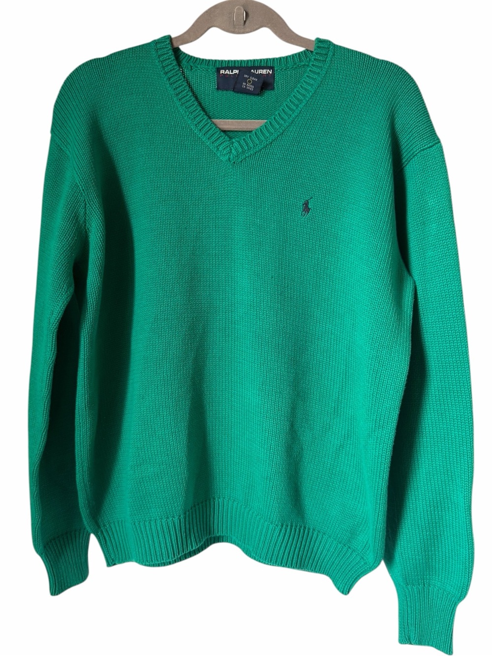 Ralph Lauren V-Neck Sweater Emerald Green Classic Knit 100% Cotton Heritage